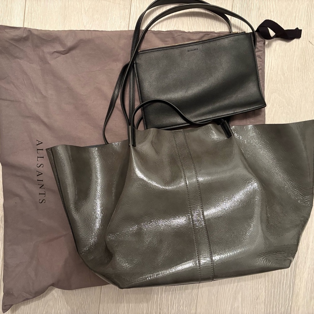 All Saints Olive Green Leather Tote with Black Pouch